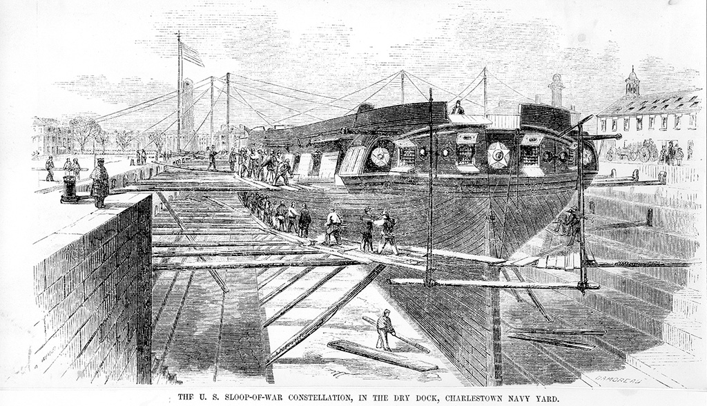 "The U.S. Sloop-of-War Constellation, in the dry dock, Charlestown Navy Yard," 1850s. [Courtesy Boston National Historical Park/National Park Service]