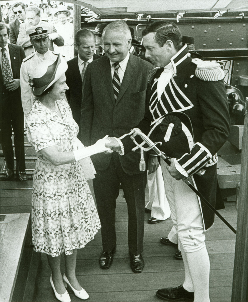 CDR Tyrone Martin greets Queen Elizabeth II on Constitution's quarterdeck in 1976. Courtesy US Navy.