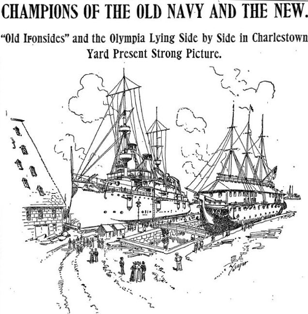 Constitution lies at the wharf beside USS Olympia in 1899.